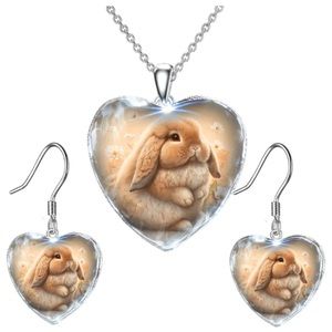 Angora Bunny Rabbit Heart Shaped Necklace & Earring Jewelry Set